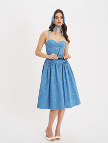 Zadie Cotton Denim Drop Waist Embroidery Flower Midi Dress | Blue