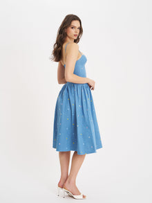 Zadie Cotton Denim Drop Waist Embroidery Flower Midi Dress | Blue