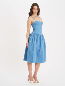 Zadie Cotton Denim Drop Waist Embroidery Flower Midi Dress | Blue