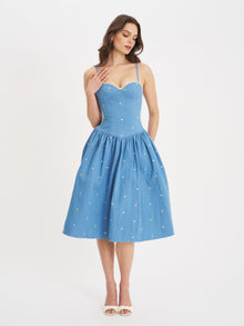 Zadie Cotton Denim Drop Waist Embroidery Flower Midi Dress | Blue