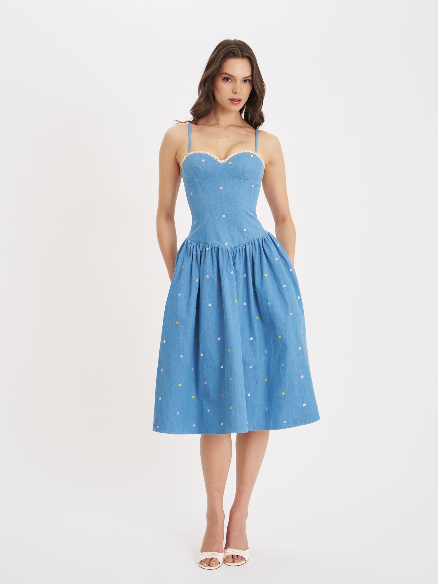 Zadie Cotton Denim Drop Waist Embroidery Flower Midi Dress | Blue