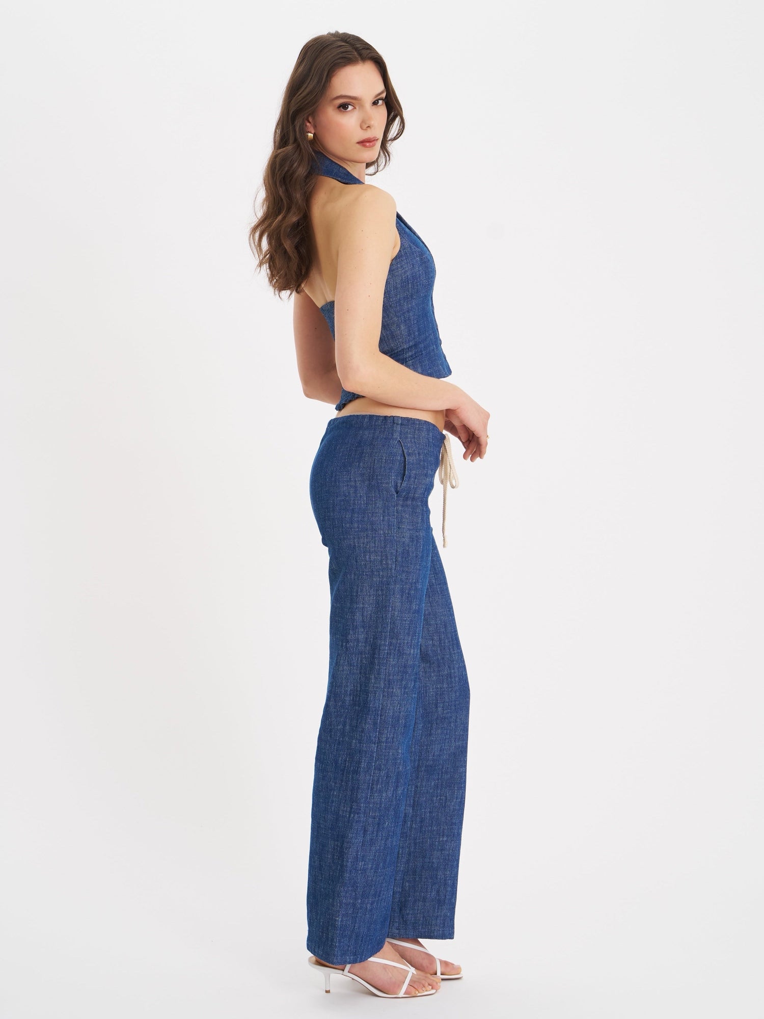Rafaella Cotton Denim Halter Lapel Top | Navy