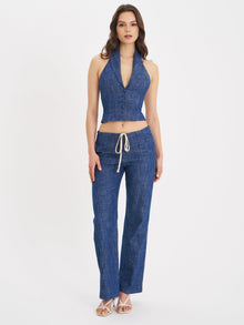 Rafaella Cotton Denim Halter Lapel Top | Navy