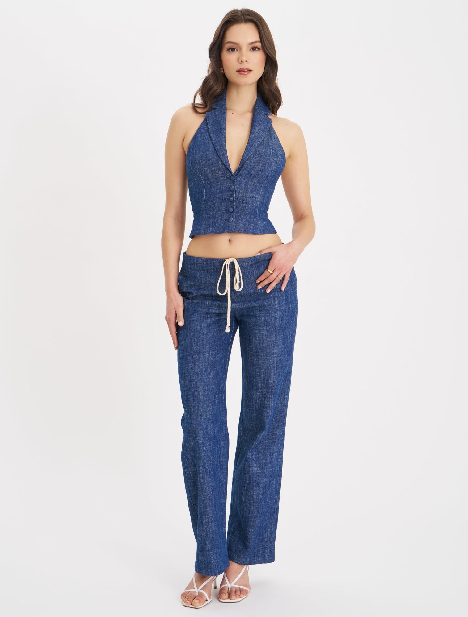 Rafaella Cotton Denim Halter Lapel Top | Navy