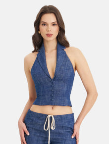 Rafaella Cotton Denim Halter Lapel Top | Navy