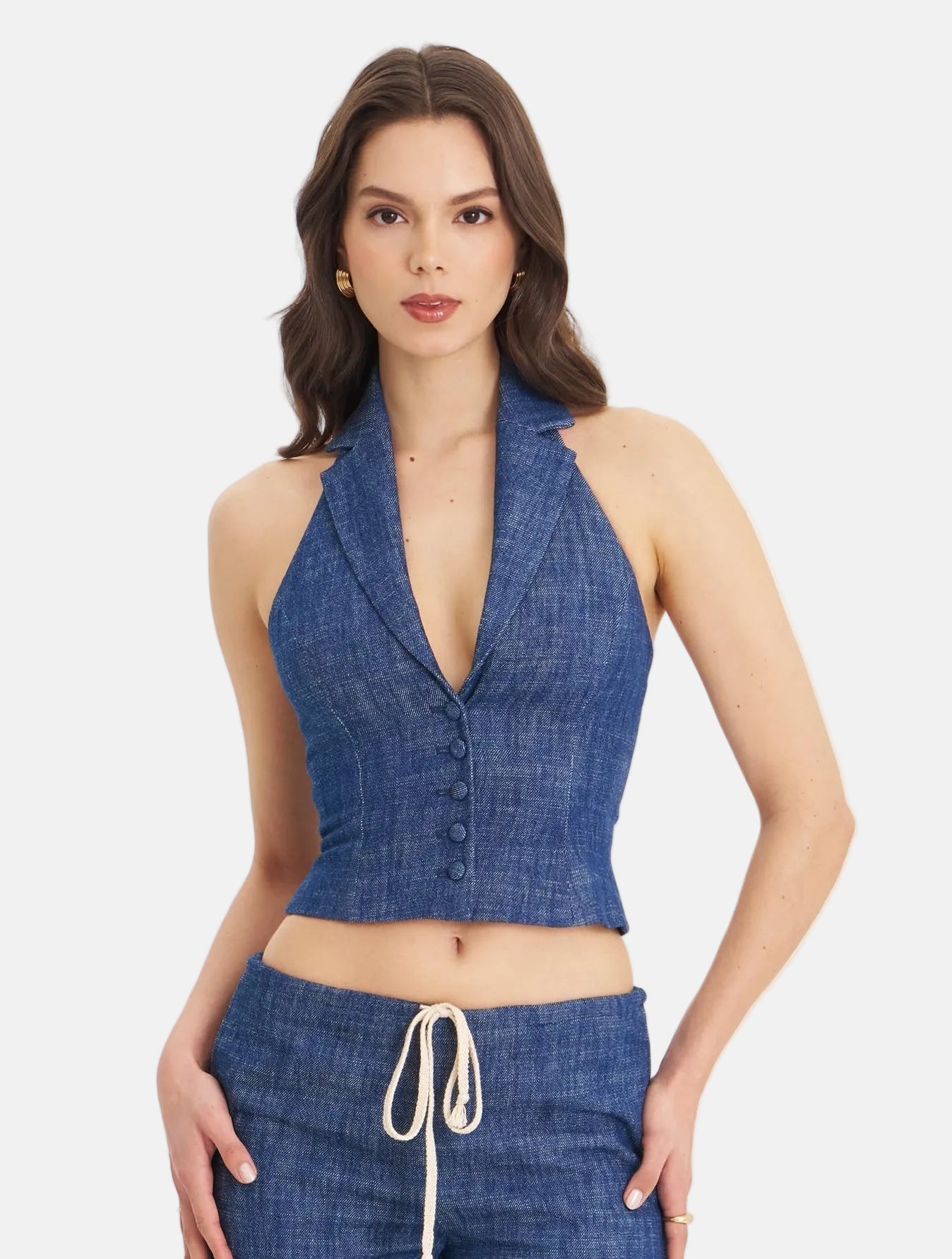Rafaella Cotton Denim Halter Lapel Top | Navy