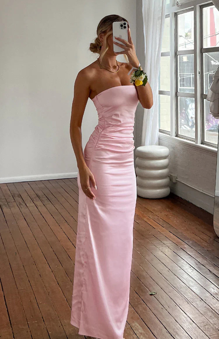 Bloom Satin Strapless Maxi Dress | Pink