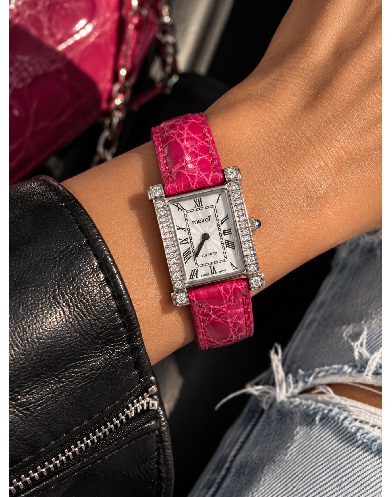 Pink Diamond Rectangular Watch Genuine Leather Watch | White