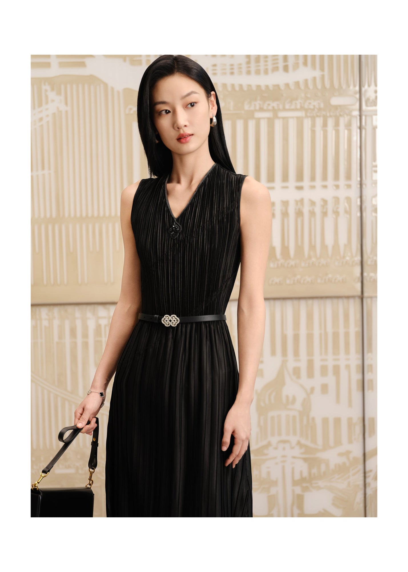 Pleated Waist-Cinched Dress | Black