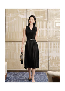 Pleated Waist-Cinched Dress | Black