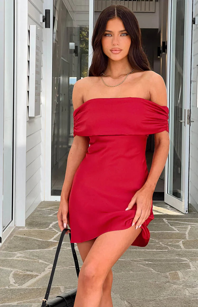 Primrose Satin Off the Shoulder Mini Dress | Red