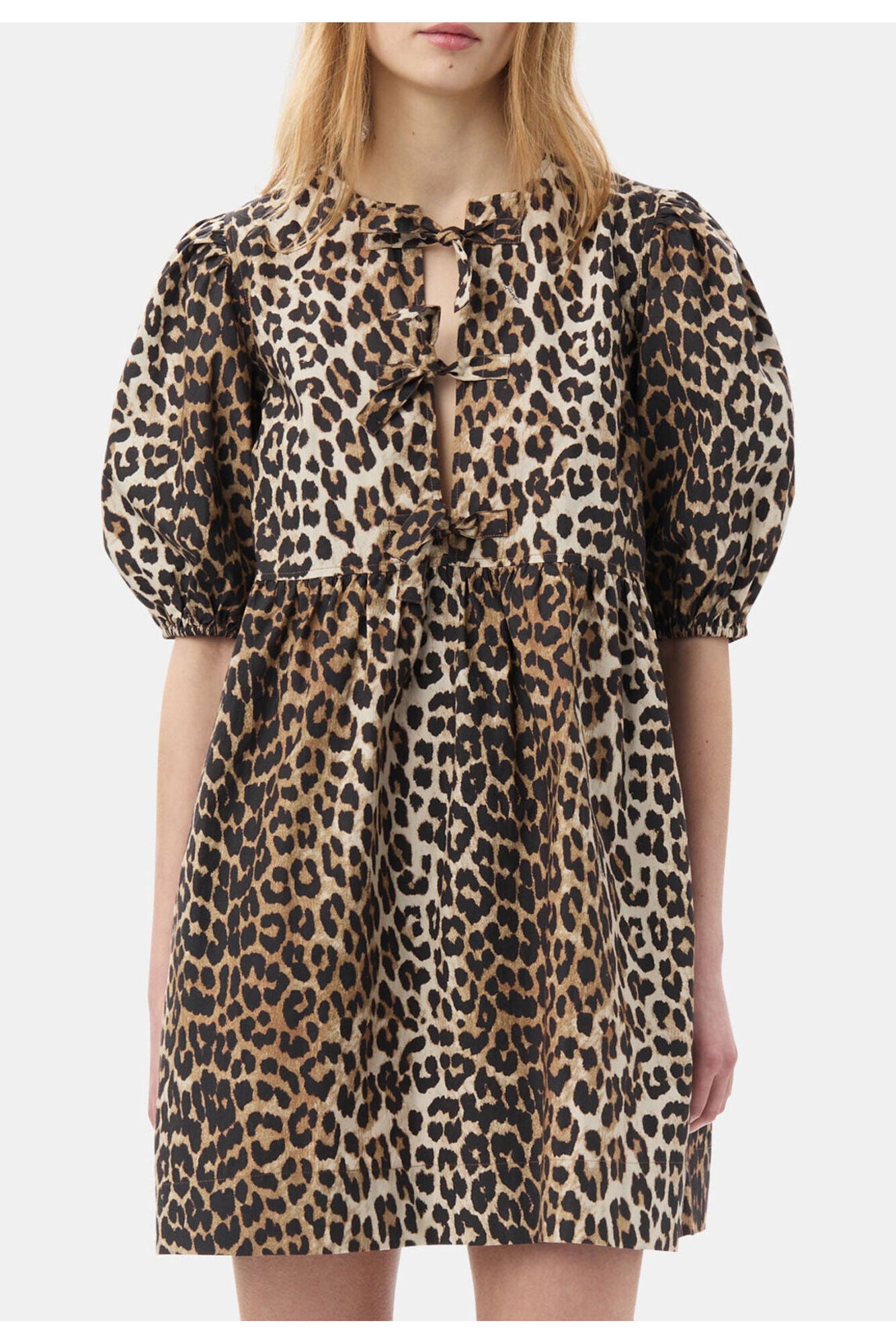 Printed Cotton Tie String Mini Dress | Leopard
