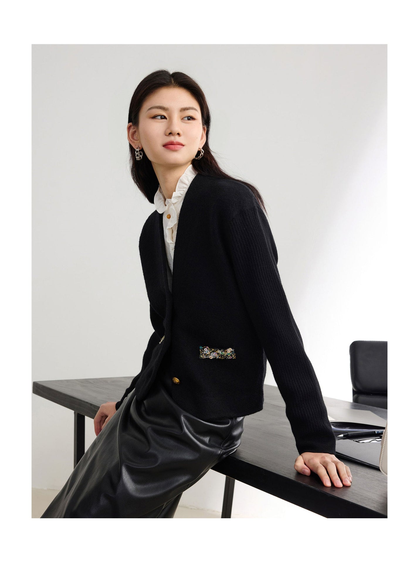 Pure Wool Knitted Cardigan | Black