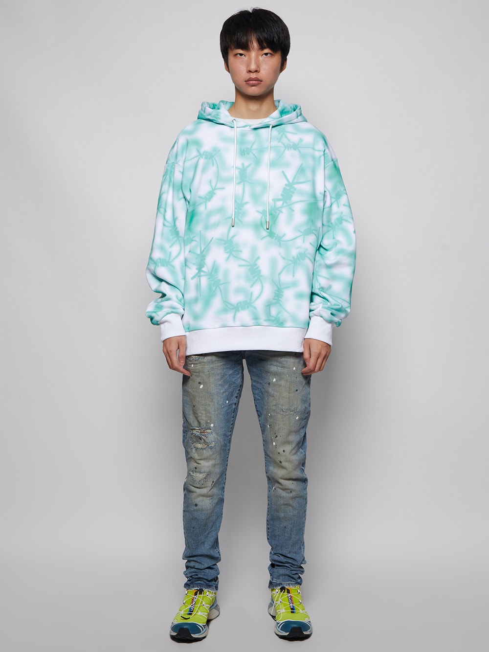 Real Buy | Nails Print Tie Dye Hooded Sweatshirt Green And White
