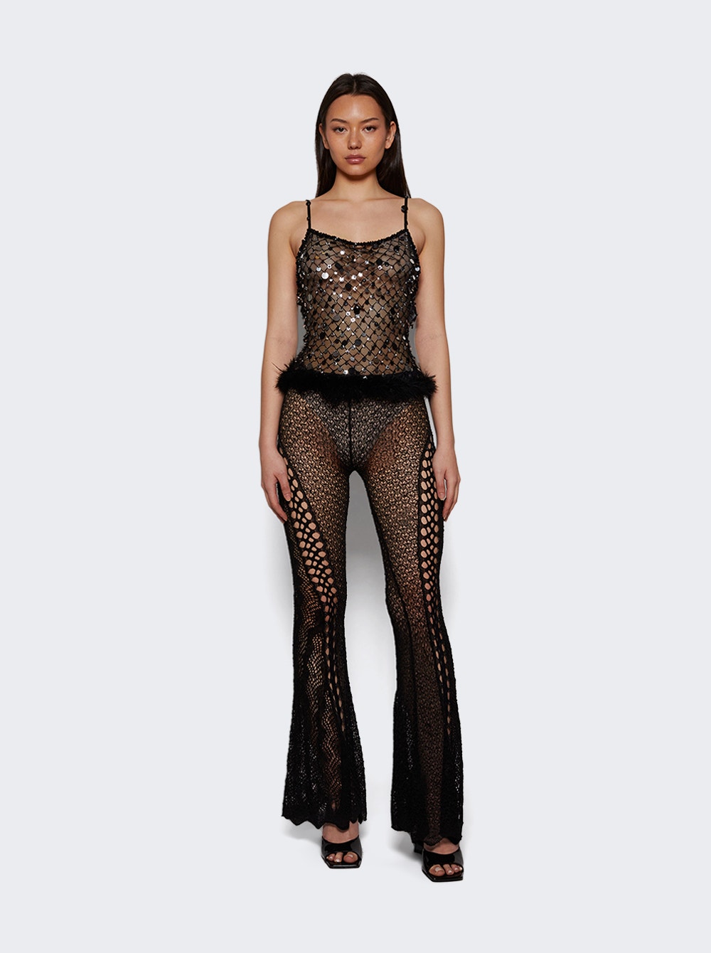 Women | Roberta Einer | Embellished Fishnet Top With Feathers Black