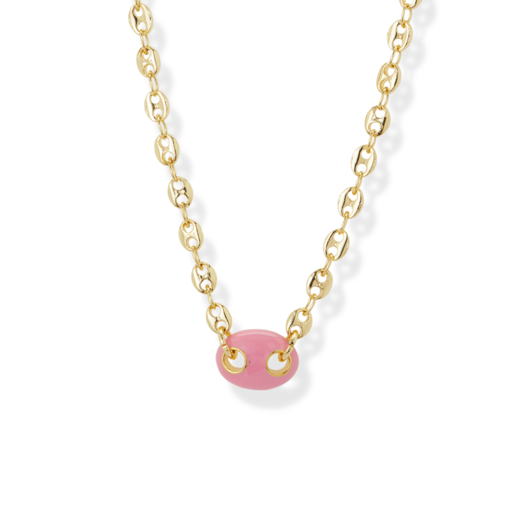 The Pink Enamel Mariner Chain Necklace | 18K Yellow Gold-Plated