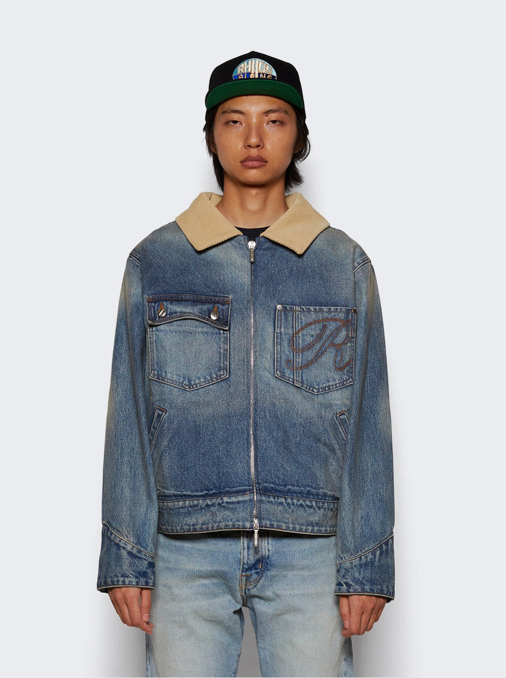 Men | Rhude | Western Zip Up Denim Jacket Indigo And Tan | Blue