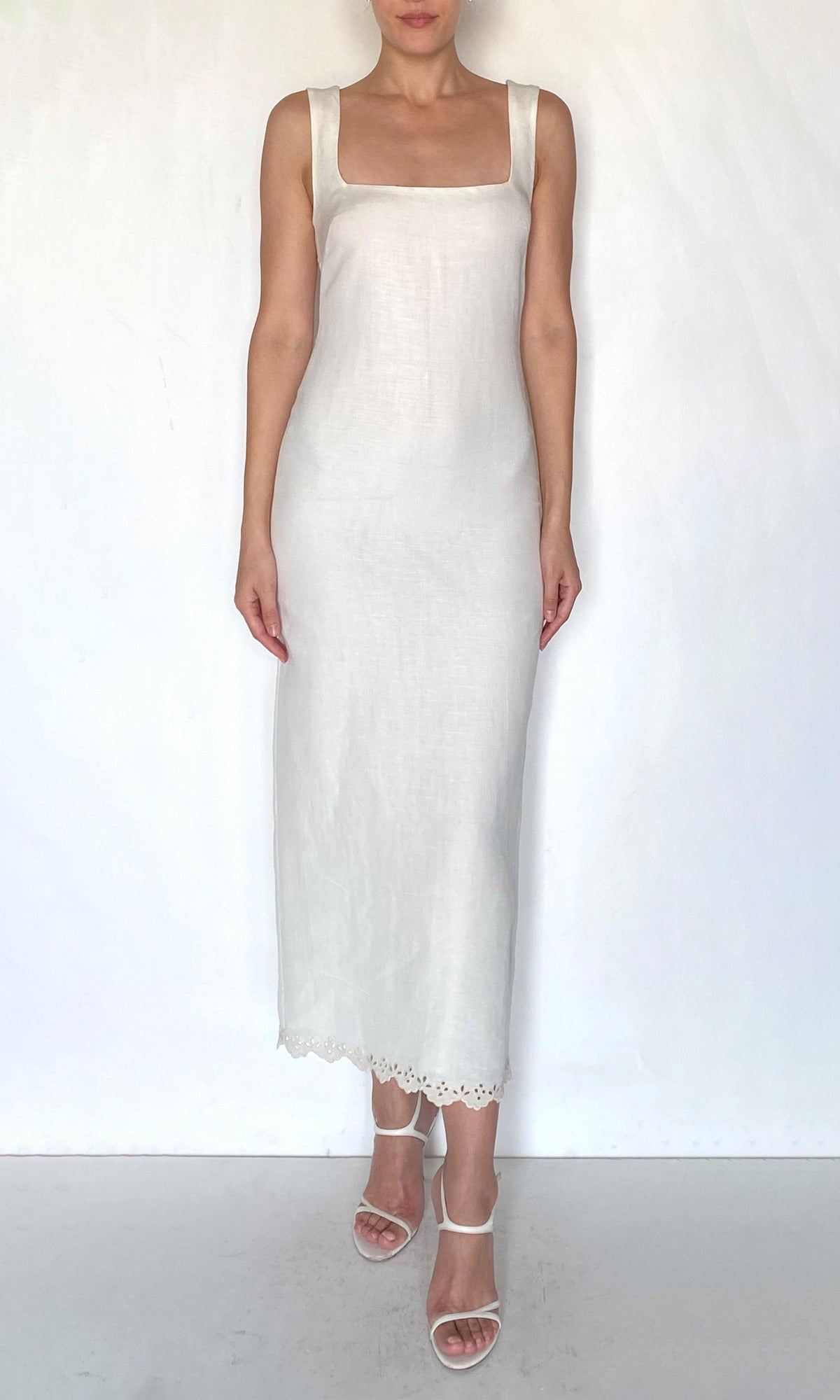 Womens | Bea Linen Cotton Square Neck Midi Dress | Ivory