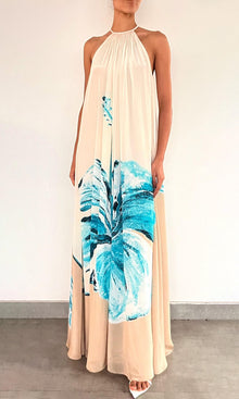 Womens | Bleu Viscose Natural Crepe Flared Maxi Dress | Beige Blue