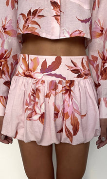 Womens | Cai Thin Linen Cotton Bubble Hem Mini Skirt | Pink Brown