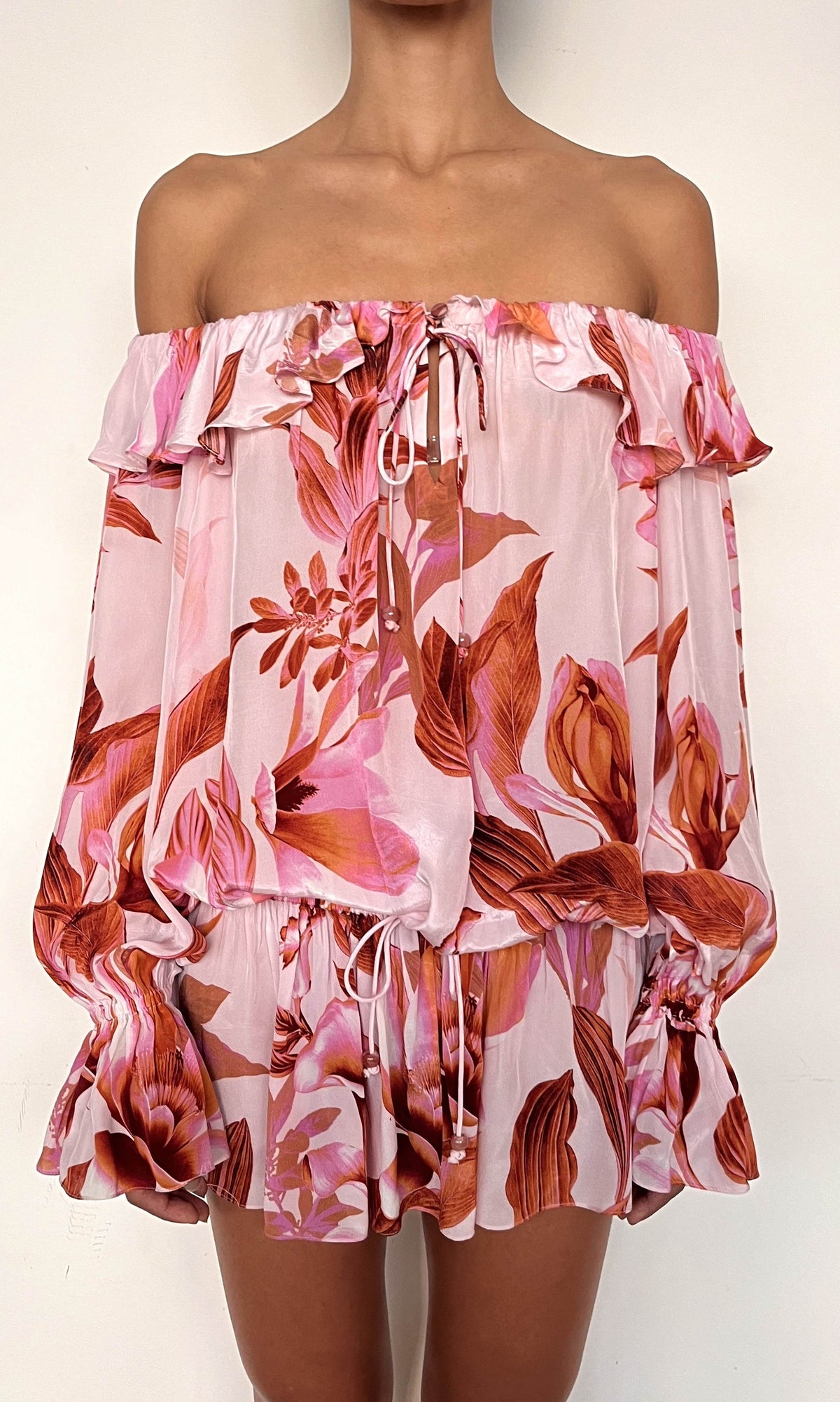 Womens | Cai Viscose Natural Crepe Off Shoulder Mini Dress | Pink Brown