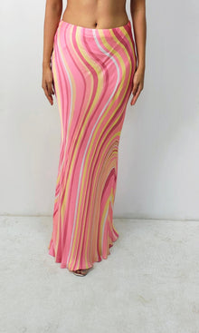 Womens | Inv Poly Satin Wavy Striped Maxi Skirt | Mehroon