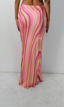 Womens | Inv Poly Satin Wavy Striped Maxi Skirt | Mehroon