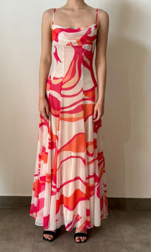 Womens | Inv Poly Chiffion Abstract Print Long Dress | Pink/White