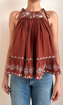 Rococo Sand | Jaci Cotton Double Cloth Gauze Embroidered Tier Mini Top | Brown White