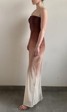 Rococo Sand | Kara Polyester Satin Lycra Long Dress | Brown/Beige
