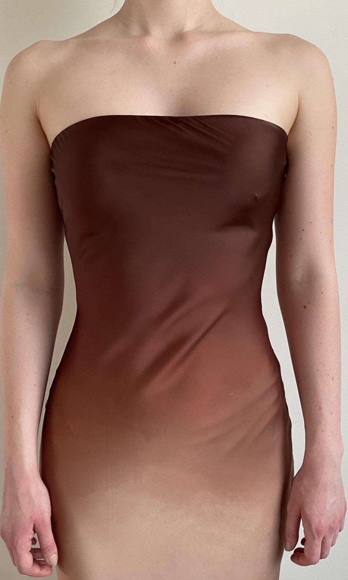 Rococo Sand | Kara Polyester Satin Lycra Long Dress | Brown/Beige
