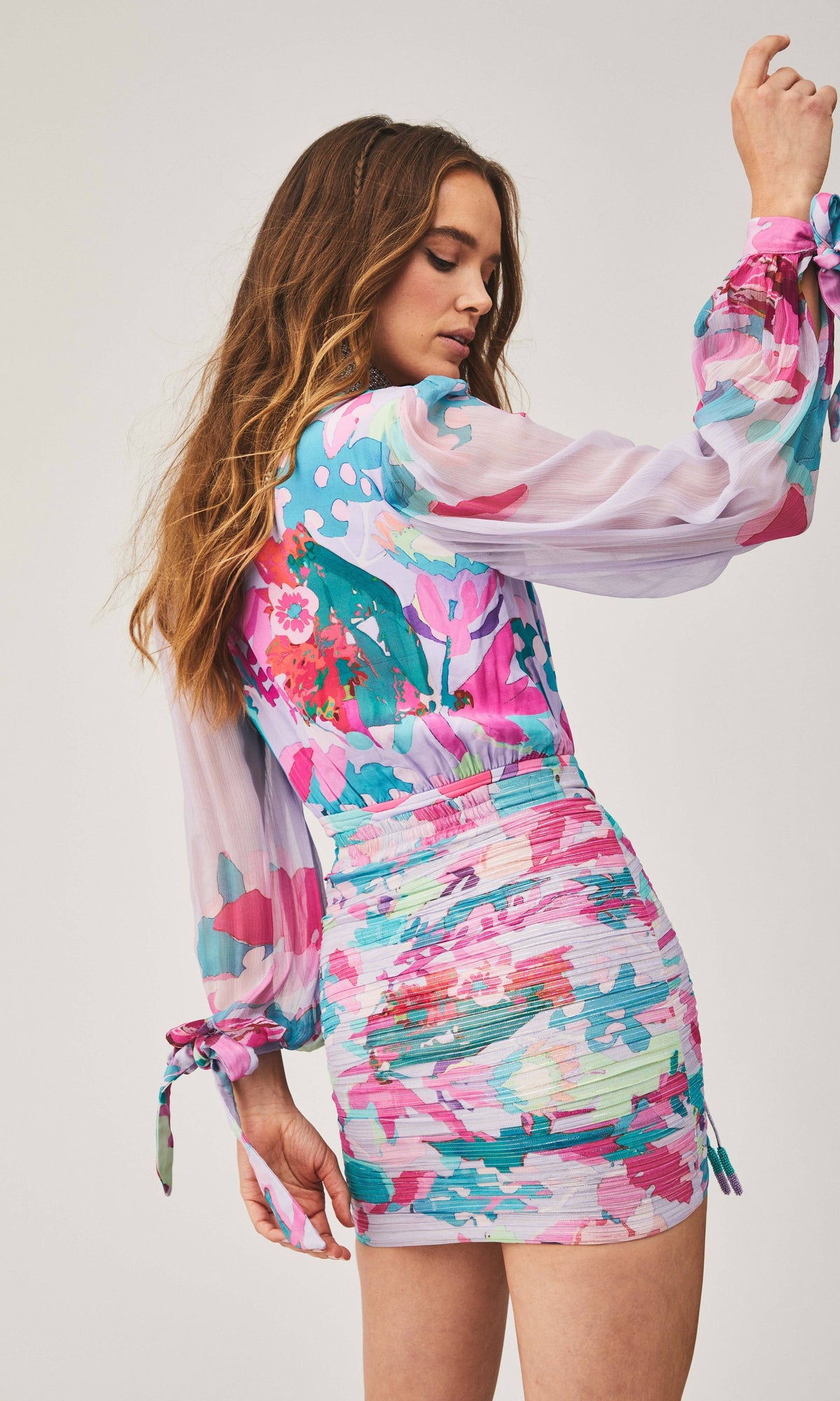 Womens | Lyan Viscose Crinkle Chiffon Bodysuit | Lilac Multi