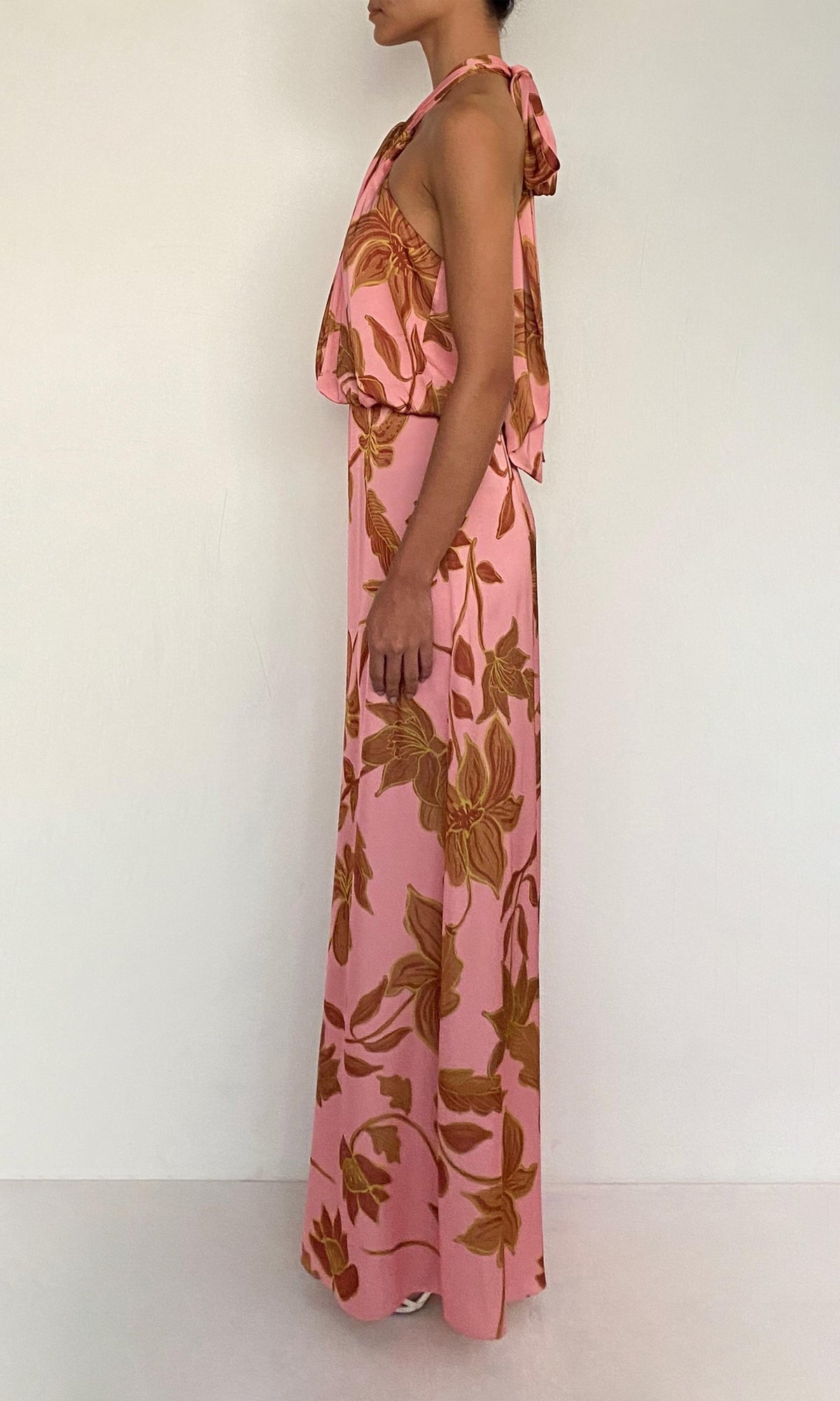 Womens | Mae Polyester Satin Lycra Halter Jumpsuit With Back Sash Tie | Peach