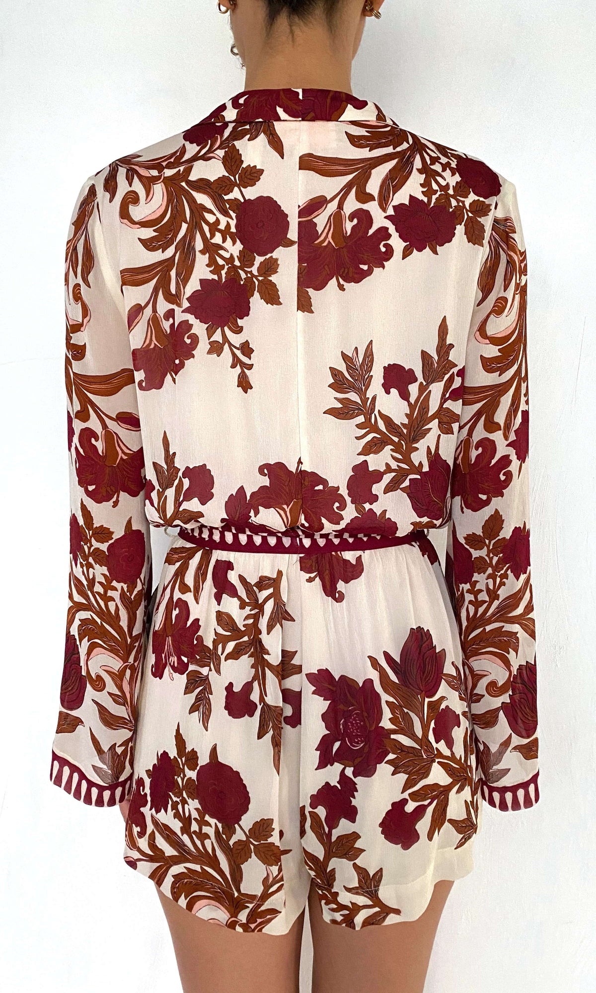 Rococo Sand | Maia Viscose Crinkle Chiffon Romper | Ivory Burgundy