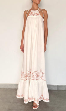 Rococo Sand | Myril Cotton Double Cloth Gauze Embroidered Tier Halterneck Maxi Dress | White Terracotta