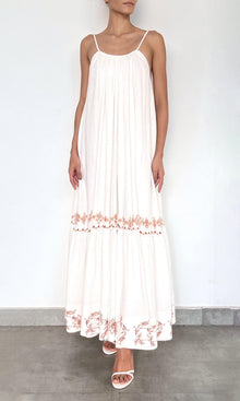 Rococo Sand | Myril Cotton Double Cloth Gauze Embroidered Tier Scoopneck Maxi Dress | White Terracotta