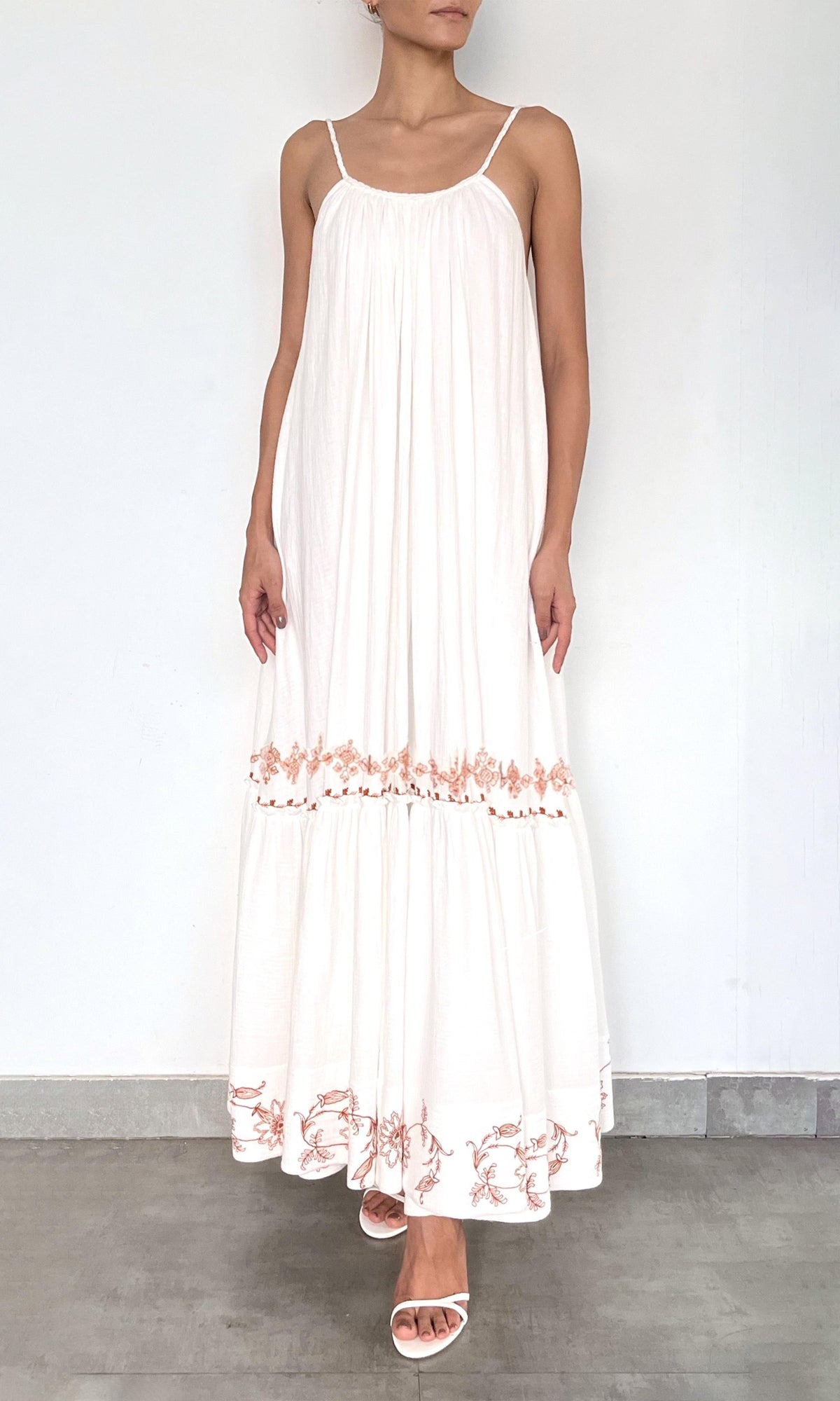 Rococo Sand | Myril Cotton Double Cloth Gauze Embroidered Tier Scoopneck Maxi Dress | White Terracotta