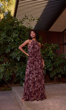 Womens | Orla Viscose Natural Crepe Flared Maxi Dress | Brown Beige