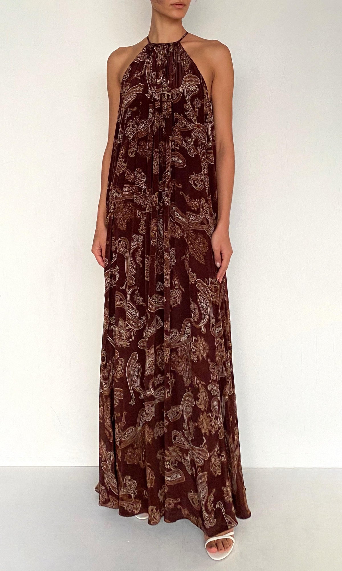Womens | Orla Viscose Natural Crepe Flared Maxi Dress | Brown Beige