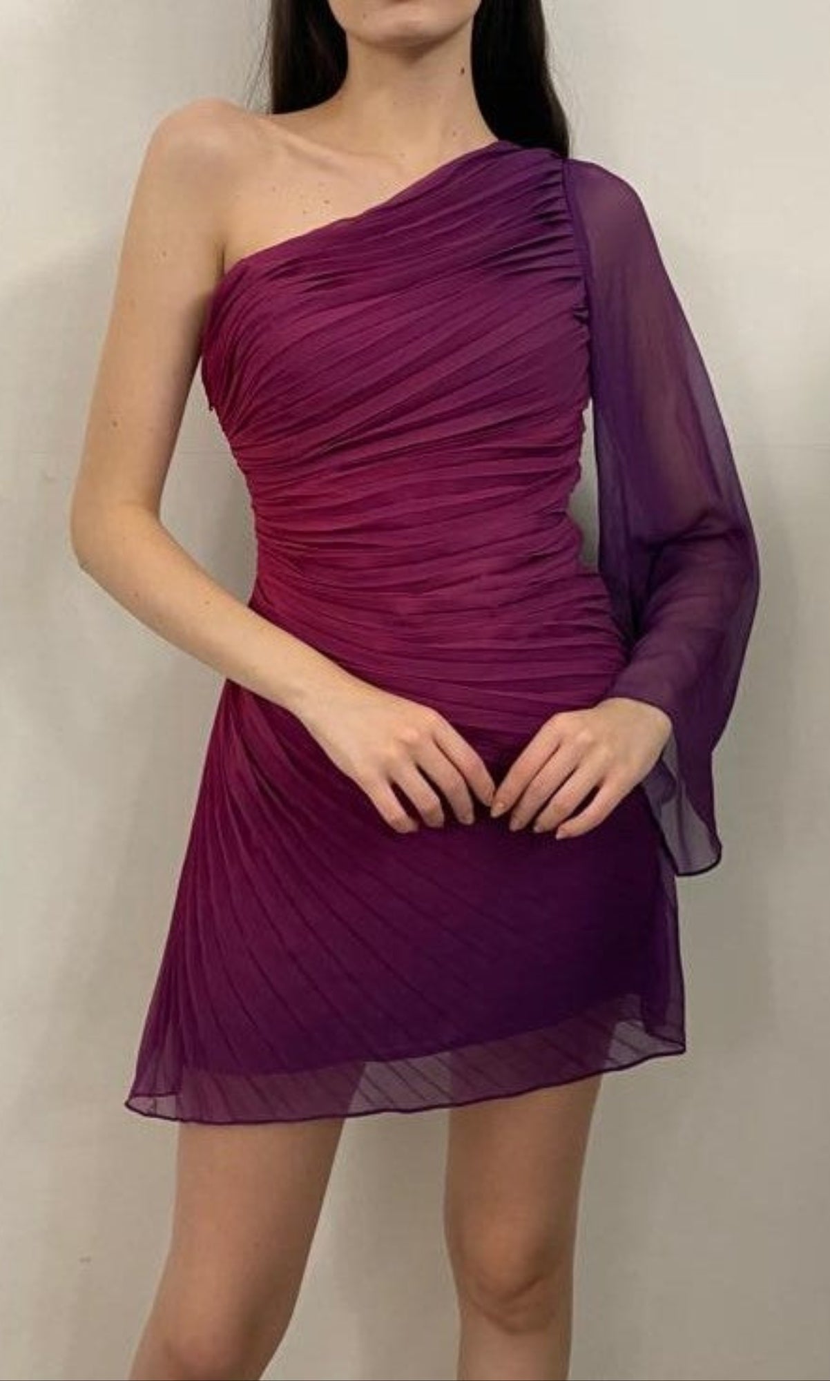 Rococo Sand | Paige Polyester Chiffon One-Shoulder Short Dress | Purple Ombre
