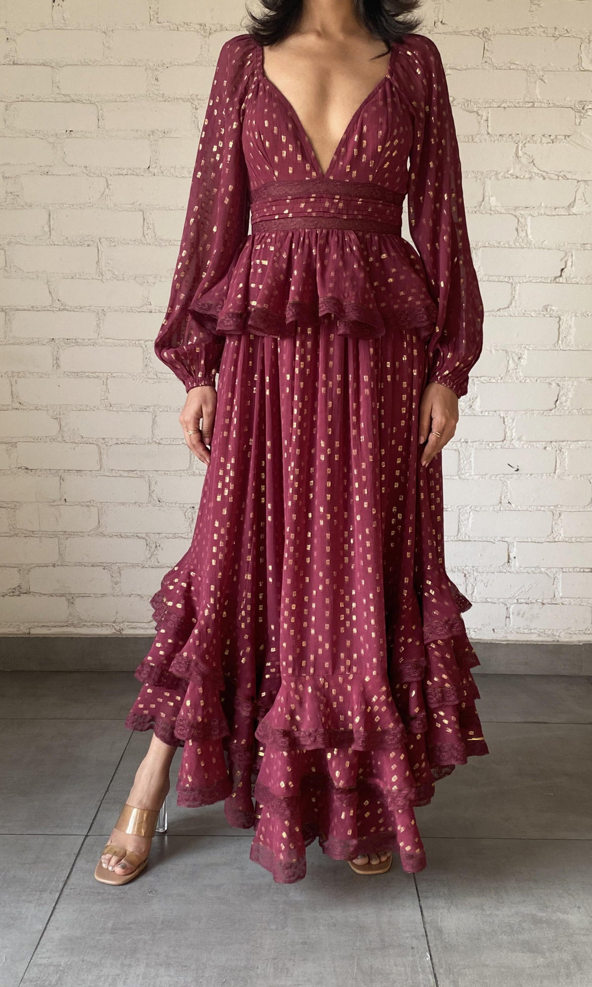 Womens | Raven Viscose Georgette Eye Botta Lurex Long Dress | Rhododendron