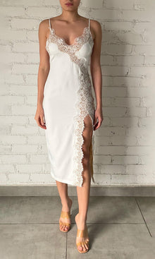 Rococo Sand | Rita Polyester Heavy Crepe Lace Insert Midi Dress | White