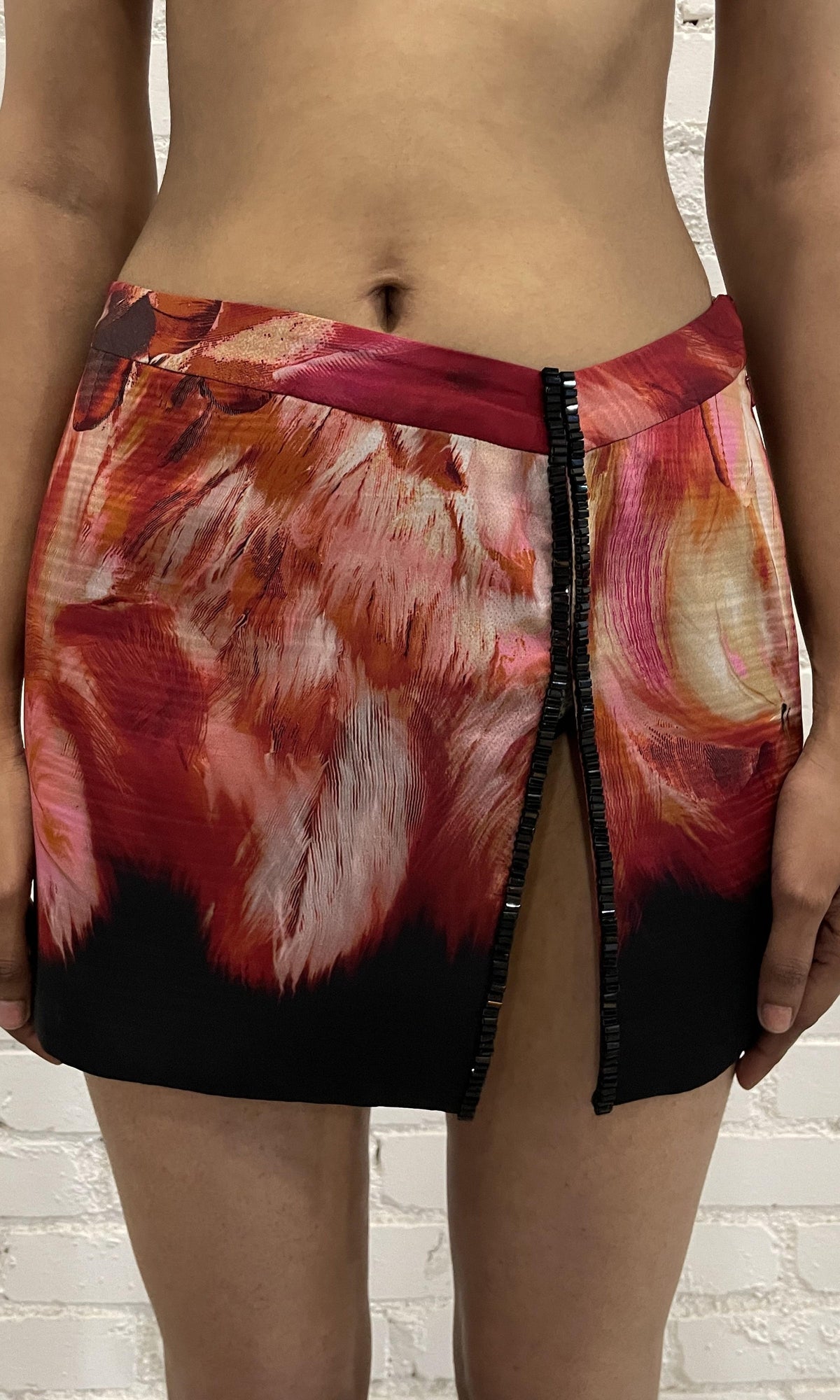 Womens | Shia Viscose Satin Short Fitted Beaded Skirt | Black Pink Multi