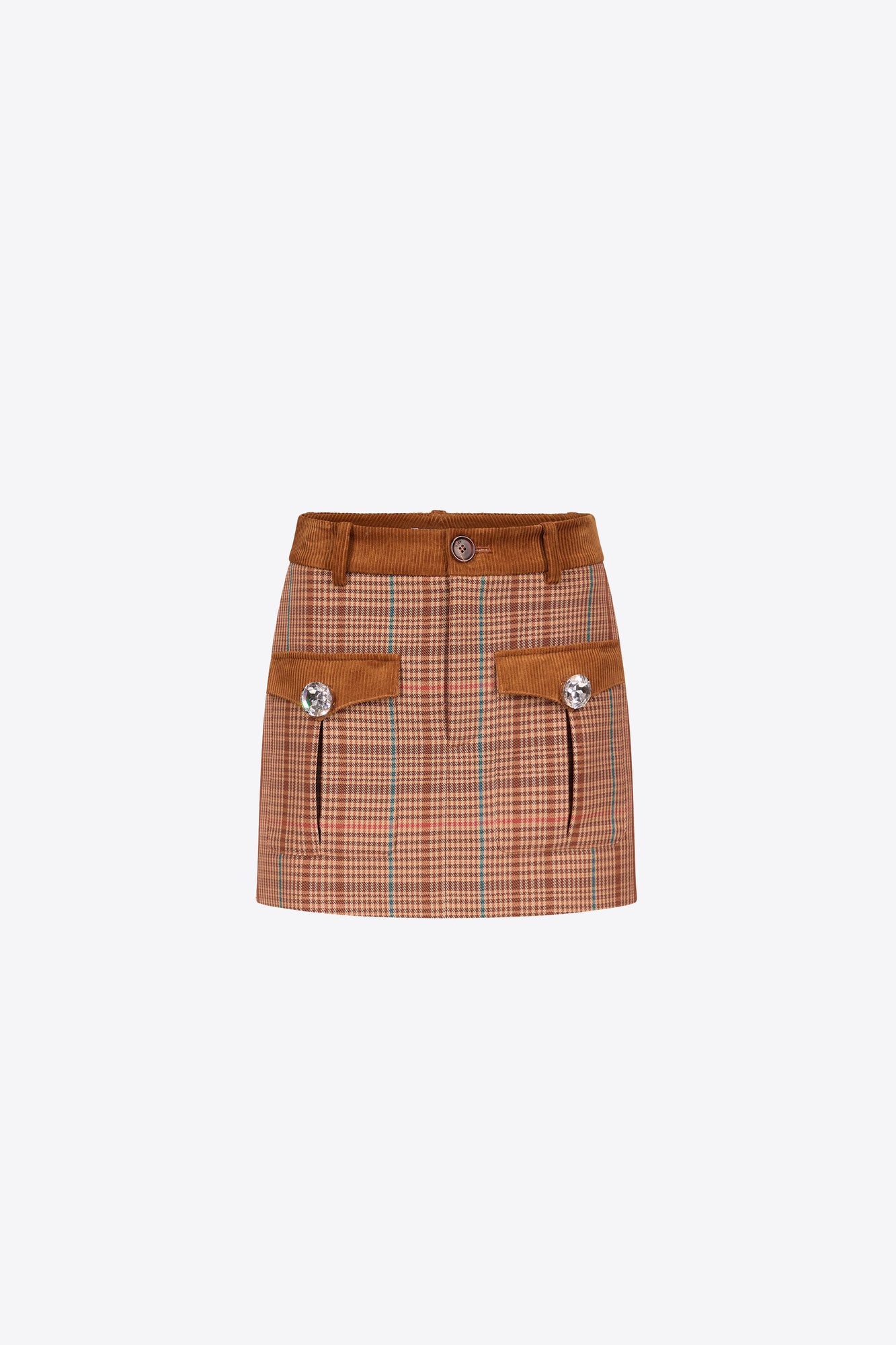 Crystal Button Checked Mini Skirt | Caramel Multi