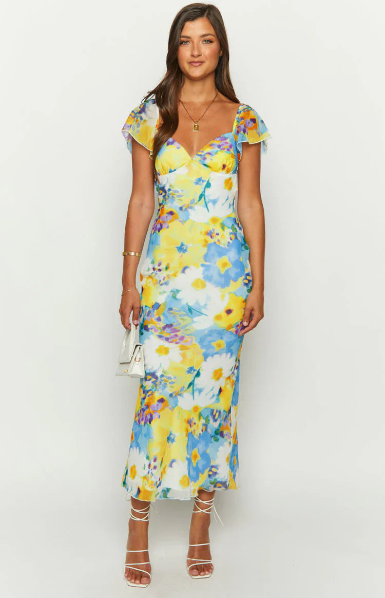 Raymi Floral Chiffon Maxi Dress | Blue