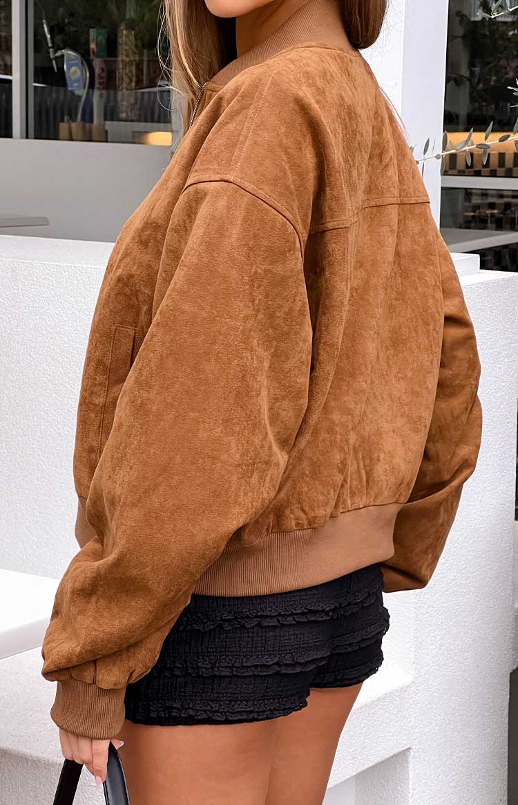 Rebecca Cuffed Suedette Bomber Jacket | Tan