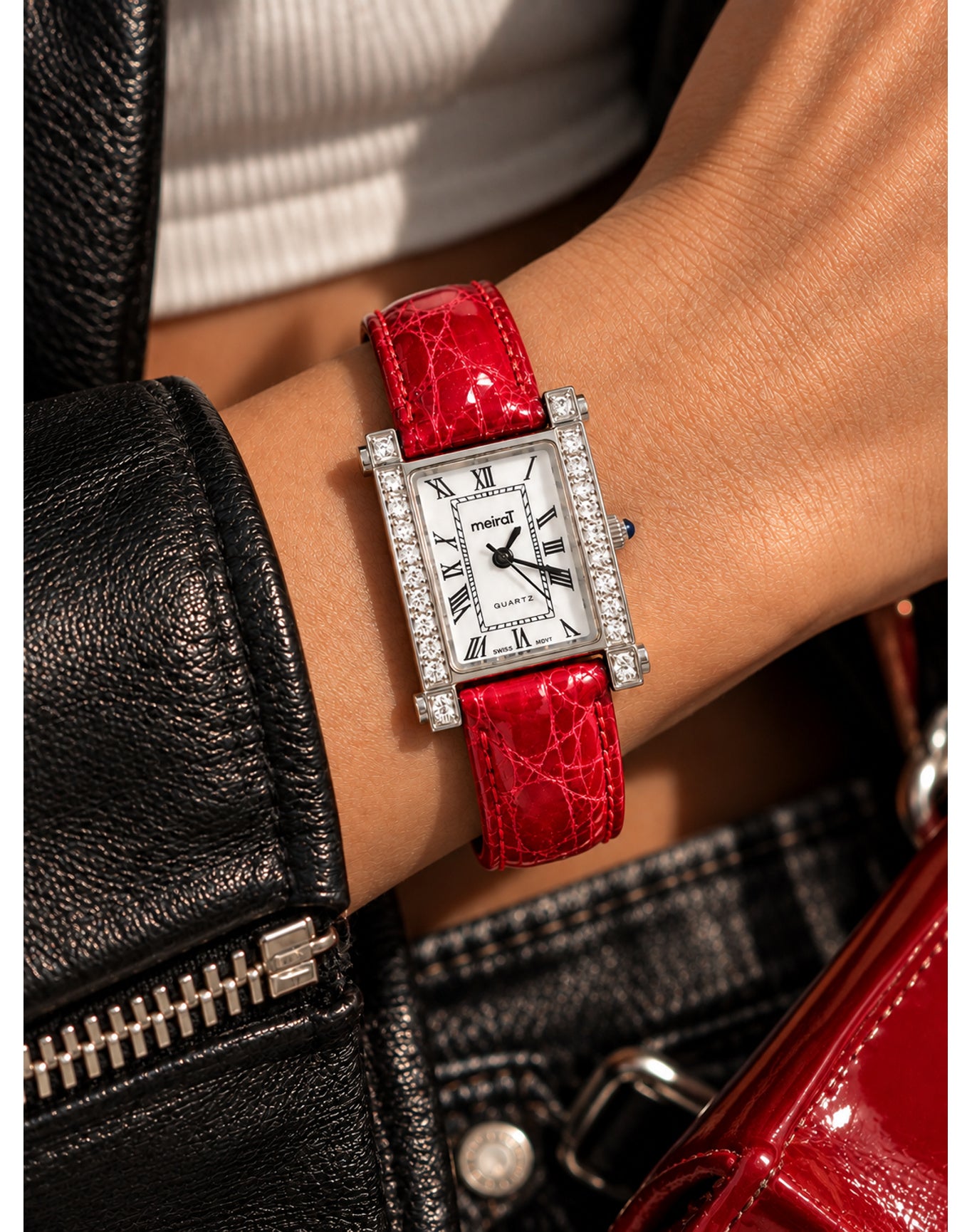 Red Diamond Rectangular Watch | White