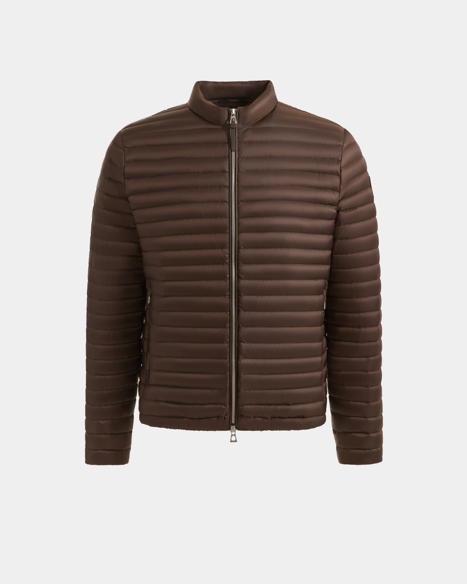 The Rudsak REYMOND M - M125523 Mocha is a brown, lightweight men’s down jacket with horizontal stitching, long sleeves, and a front zipper closure, made from recycled nylon and shown on a plain white background.