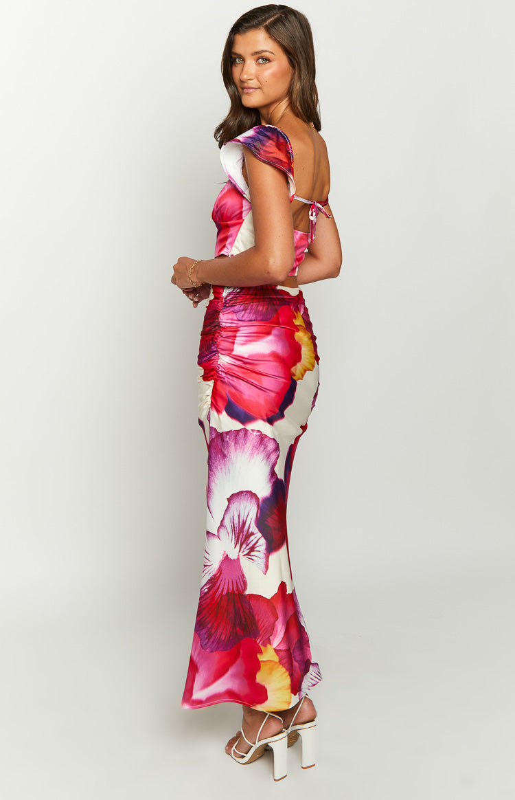 Romantic Rose Floral Print Maxi Skirt | Pink