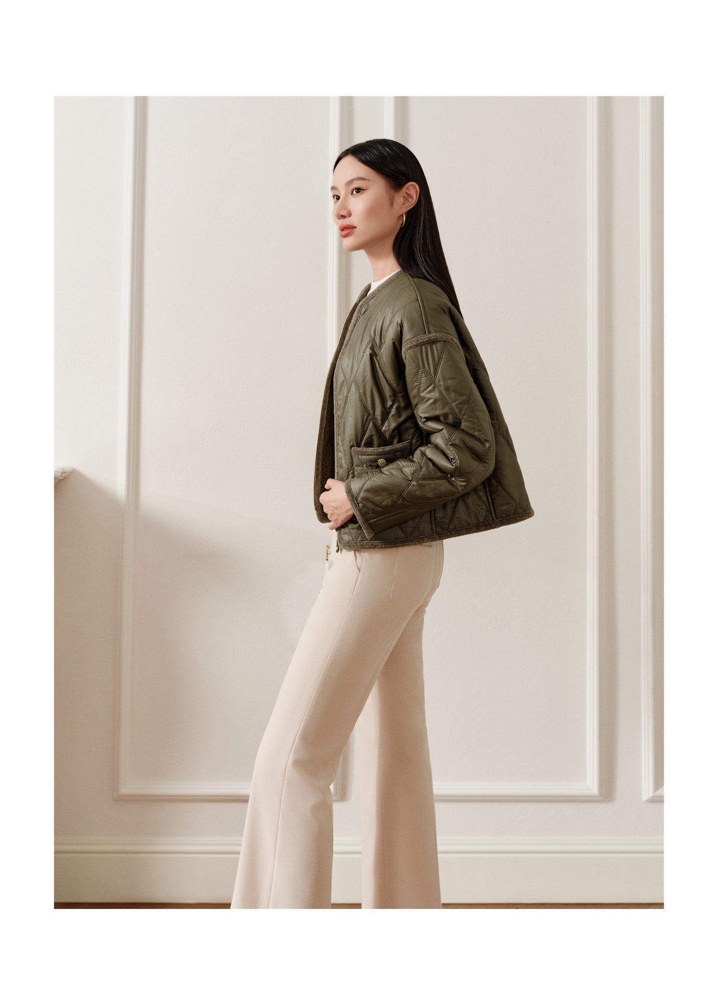 Round Neck Design Jacket | Green